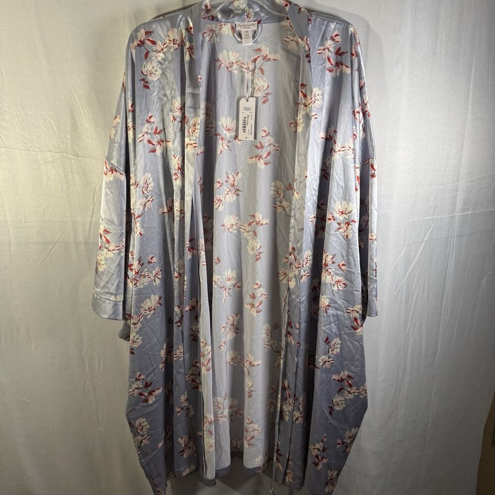 Ambrielle Women’s Satin Floral Robe Blue Pink 3X NWT Missing Belt Lingerie